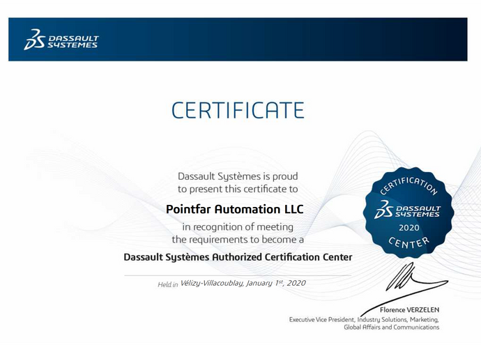 Pointfar Automation renews Dassault Systemes Authorization Certification center for 2020