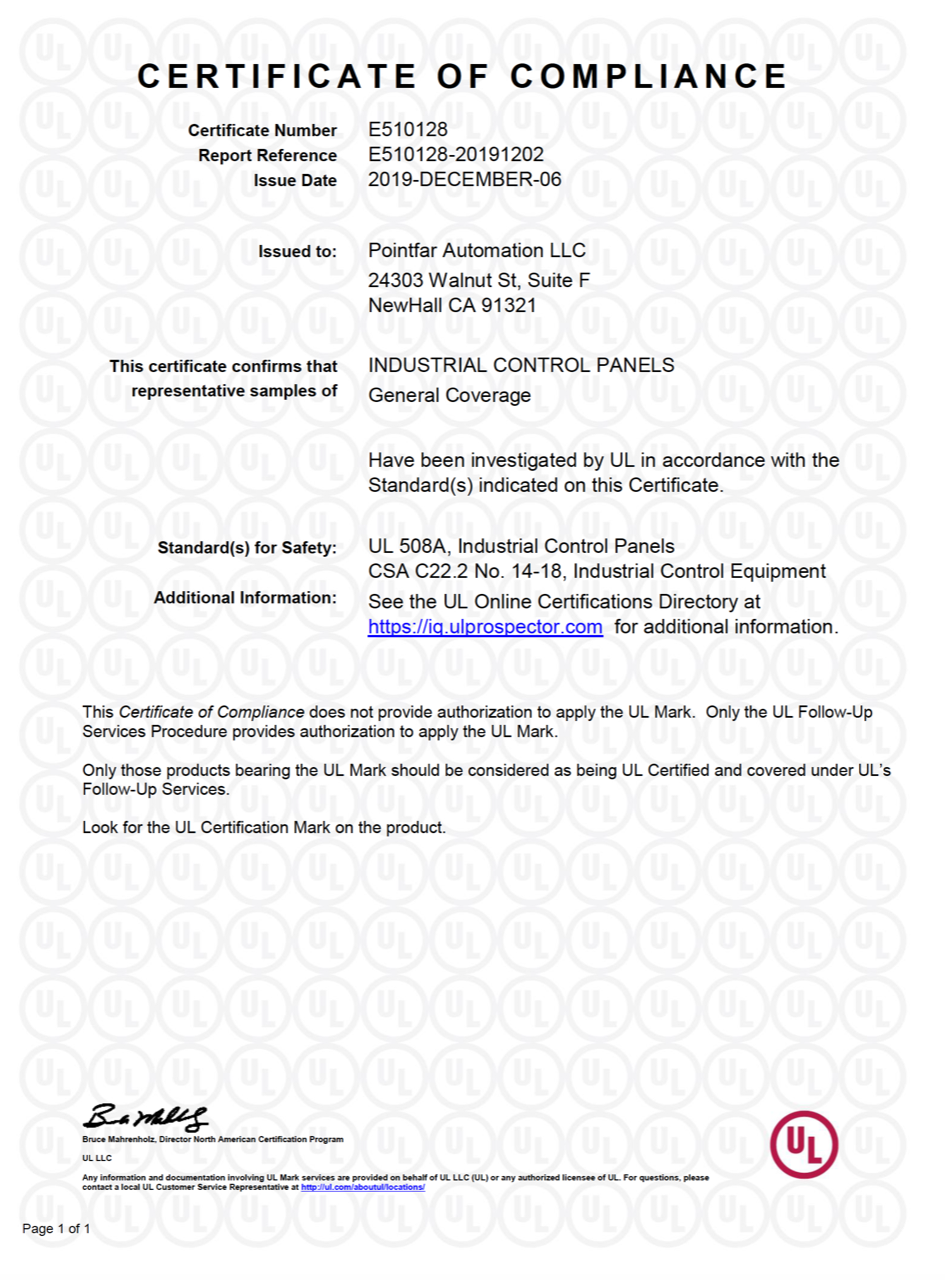 Pointfar Automation Panel Shop is now in full compliance with UL 508A Standard