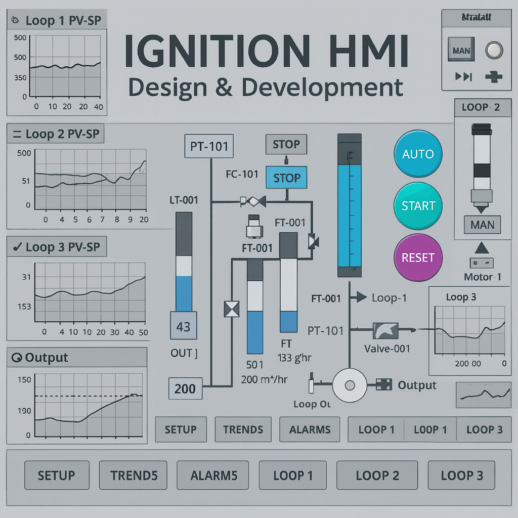 


Ignition HMI design and development interface with various controls and graphs